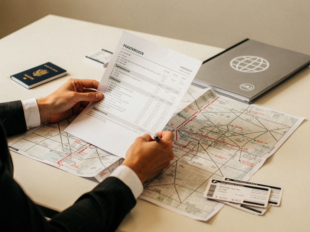 Travel planner reviewing an itinerary and transportation map